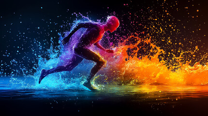 Fototapete - Abstract Runner Figure Composed of Blue and Orange Particles, Dynamic and Energetic