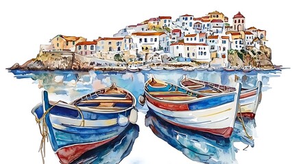 Wall Mural - Watercolor Painting of a Picturesque Mediterranean Coastal Town with Fishing Boats.