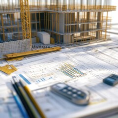 Poster - Generate a photo realistic image of a construction project featuring a detailed budget report with financial charts and cost estimations; ensure the image is of