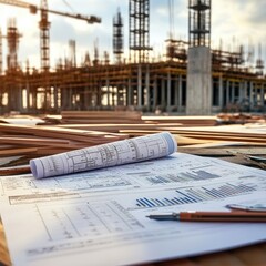 Poster - Generate a photo realistic image of a construction project featuring a detailed budget report with financial charts and cost estimations; ensure the image is of