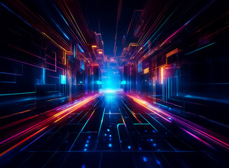 Poster - vibrant abstract digital landscape featuring glowing lines and geometric shapes in blue, orange, and