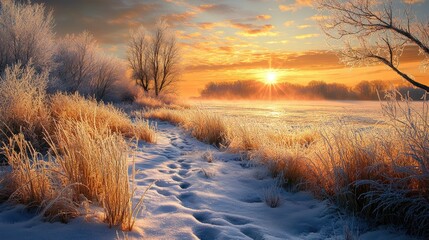 Poster - Glimmering frosted grass at sunrise, with the warmth of the sun creating a serene winter wonderland, enhancing the beauty of nature.