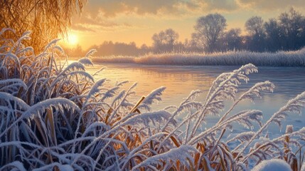 Poster - Glimmering frosted grass at sunrise, with the warmth of the sun creating a serene winter wonderland, enhancing the beauty of nature.