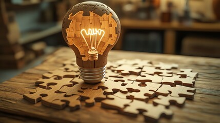 Fototapete - Brainstorming and idea generation with a light bulb drawn on a puzzle, puzzle pieces on a wooden desk, illustrating the process of innovation