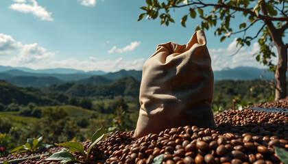 Ultra-realistic cinematic photo of an open coffee bean sack, shot from a worm's-eye view with a coffee plantation and mountains in the background.