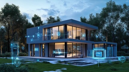 Poster - High-resolution image of an urban smart home, with smart technology controlling energy, security, and comfort for a sustainable living experience.