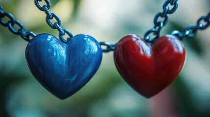 Poster - Interlocking blue and red hearts on chains, symbolizing eternal love and commitment, captured in high detail with a soft background.
