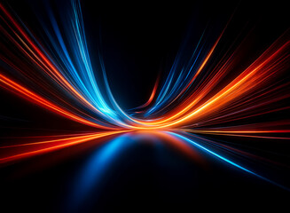 Fototapete - Abstract motion lines of vibrant orange and blue light streaks against a dark backdrop create a dynamic and futuristic visual effect. Energy flows with speed and illumination.
