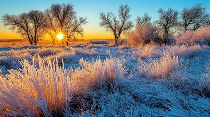 Poster - The sun rising over frosted grass, glimmering in the warm light, creating a peaceful winter wonderland with sparkling beauty.