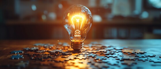 Fototapete - Creative idea generation concept with a light bulb drawn on a puzzle, puzzle pieces scattered on a wooden desk, symbolizing innovation and brainstorming