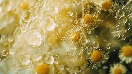 Aufkleber - Water droplets on chamomile flowers captured in a close-up, highlighting the purity and fragility of nature.