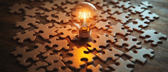 Fototapete - Creative idea generation concept with a light bulb drawn on a puzzle, puzzle pieces scattered on a wooden desk, symbolizing innovation and brainstorming
