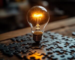 Fototapete - Creative thinking and idea generation with a light bulb on a puzzle, puzzle pieces on a wooden desk, symbolizing the connection of ideas