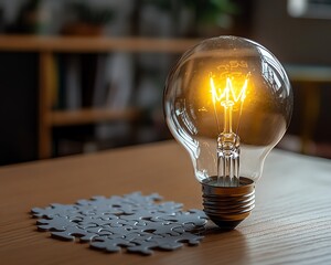Fototapete - Creative thinking and idea generation with a light bulb on a puzzle, puzzle pieces on a wooden desk, symbolizing the connection of ideas