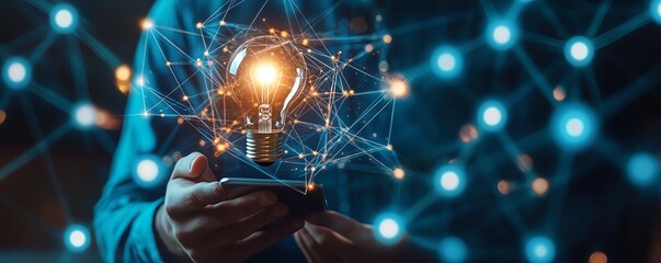 Aufkleber - Digital business network technology with a man holding a lightbulb and smartphone, surrounded by interconnected laptops and a seamless computer network