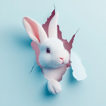 A realistic white Easter bunny breaking through a pastel blue paper wall, torn paper edgesEaster poster, abstract background. 