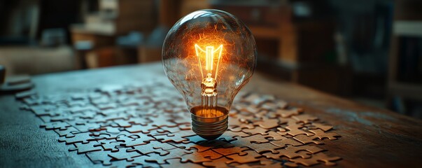 Fototapete - Idea creation concept with a light bulb drawn on a puzzle, puzzle pieces on a wooden desk, representing the building blocks of innovation and creativity