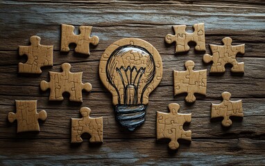 Fototapete - Idea creation visualized with a light bulb drawn on a puzzle, puzzle pieces arranged on a wooden desk, representing the process of problemsolving and creativity