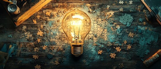 Aufkleber - Innovation and idea creation scene, light bulb sketch on a puzzle with scattered puzzle pieces on a wooden desk, symbolizing creative thinking