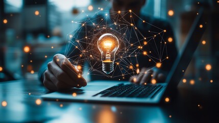 Poster - Innovative business solutions, man with lightbulb and smartphone, laptops, and interconnected computer networks illustrating modern network technology