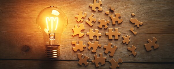 Fototapete - Light bulb symbolizing ideas drawn on a puzzle, puzzle pieces scattered across a wooden desk, representing creativity and problemsolving