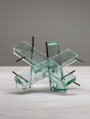 Poster - Modern mixed media sculpture, metal wires intertwined with painted wood, fragmented glass elements, intricate detailing, artistic craftsmanship, gallery showcase, high-definition photography,