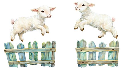 Canvas Print - Two Adorable Lambs Leaping over a Rustic Fence - Watercolor Illustration.