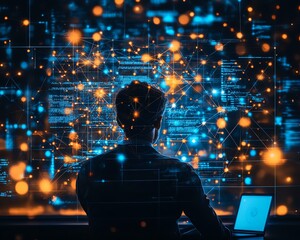 Poster - Analyst using the internet to gather data, businessperson surrounded by an interconnected digital network structure symbolizing the power of data analysis