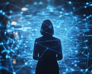 Poster - Analyst using the internet to gather data, businessperson surrounded by an interconnected digital network structure symbolizing the power of data analysis