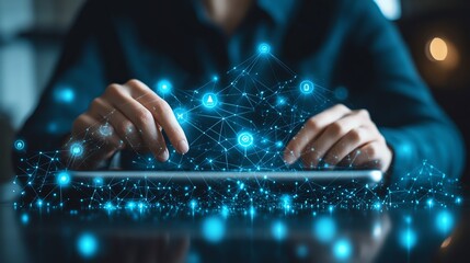 Poster - Business person interacting with a tablet, with network structure and ecommerce icons in the background, symbolizing the intersection of marketing and technology