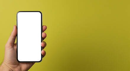 Poster - Smartphone in hand with blank screen against yellow background. Hand holding smartphone with empty display for mockup app presentation and advertising