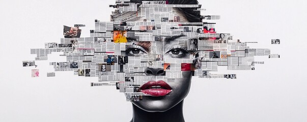 Poster - collage-style mixed media portrait, fragmented facial features, newspaper textures, layered emotions