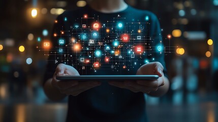 Poster - Business person with a tablet, surrounded by a dynamic network structure and floating ecommerce icons, symbolizing the future of marketing and technology