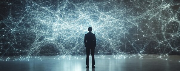 Poster - Businessperson analyzing data from the internet, surrounded by a complex network structure, representing data analysis and network connectivity