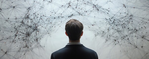 Poster - Businessperson analyzing data from the internet, surrounded by a complex network structure, representing data analysis and network connectivity
