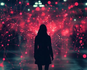 Poster - Businessperson and analyst obtaining information through the internet, interacting with complex network structures, symbolizing data analysis and insight generation