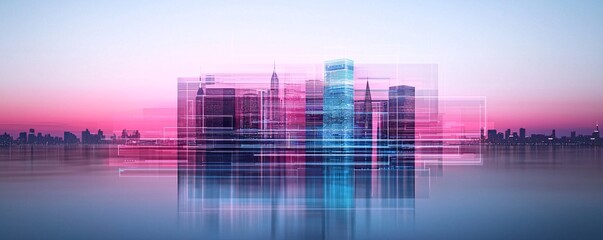Poster - neon-infused mixed media cyber art, digital textures fused with acrylic paints, futuristic cityscape