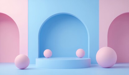 Poster - Pastel arch background, product display, spheres, studio