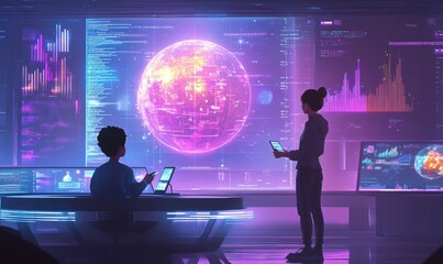 Poster - Futuristic high-tech office with analysts examining digital global data visualizations