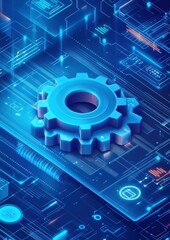 Poster - isometric illustration of abstract gears representing digital technology and innovation