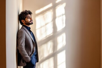 Wall Mural - A young businessman standing by the window smiling while thinking in an office setting