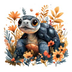 Canvas Print - Adorable Baby Turtle Amidst Vibrant Autumnal Flowers.