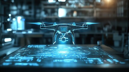 Poster - High-tech drone displayed with digital blueprints in an engineering workspace