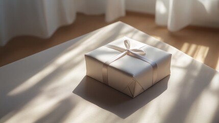 Wall Mural - Blank gift box placed on a sleek minimalistic surface, with soft lighting and shadows enhancing the clean design 