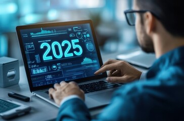 Poster - Futuristic digital concept with businessman analyzing technology trends for the year 2025