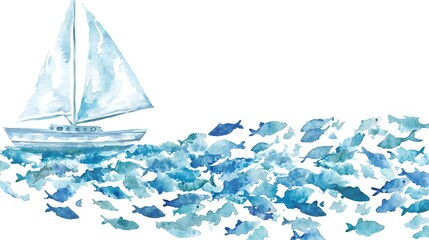 Wall Mural - Watercolor Painting of Sailboat and School of Fish.