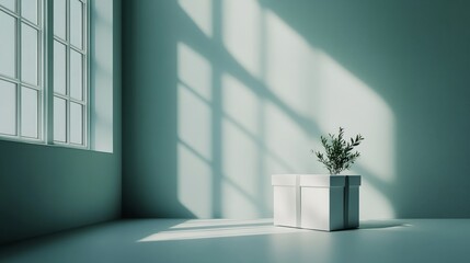 Wall Mural - Minimalistic scene featuring a plain gift box on a clean surface, with soft light and an uncluttered, modern feel 