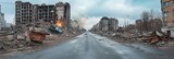 War-torn city street, rubble-strewn road, destroyed buildings, smoky sky, disaster scene