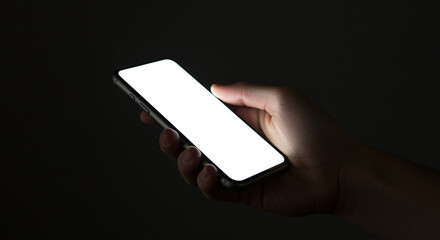 Poster - Smartphone in hand with blank screen in the dark. Hand holding smartphone with blank screen in the dark