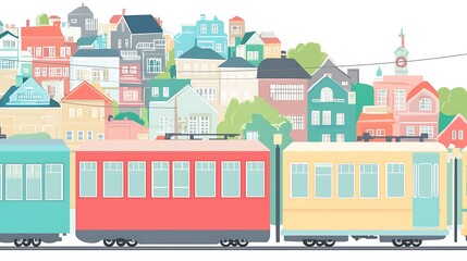 Wall Mural - Charming Town with Pastel-Colored Train - Vector Illustration